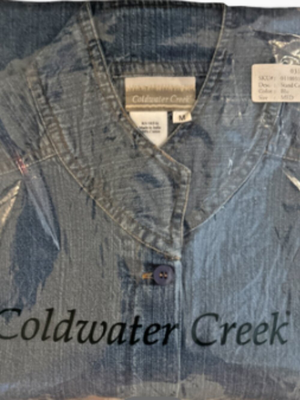 VTG Coldwater Creek Women's M Blue Cotton Denim Button Front Stand Collar Shirt